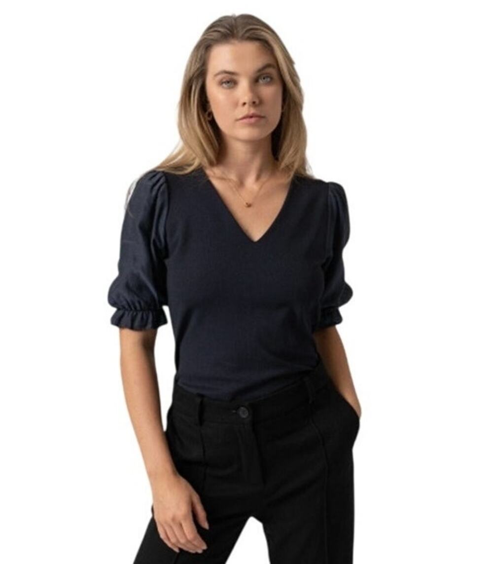 Saint + Sofia Puff Sleeve Women's 6/S Navy Organic Cotton Blend V Neck Textured